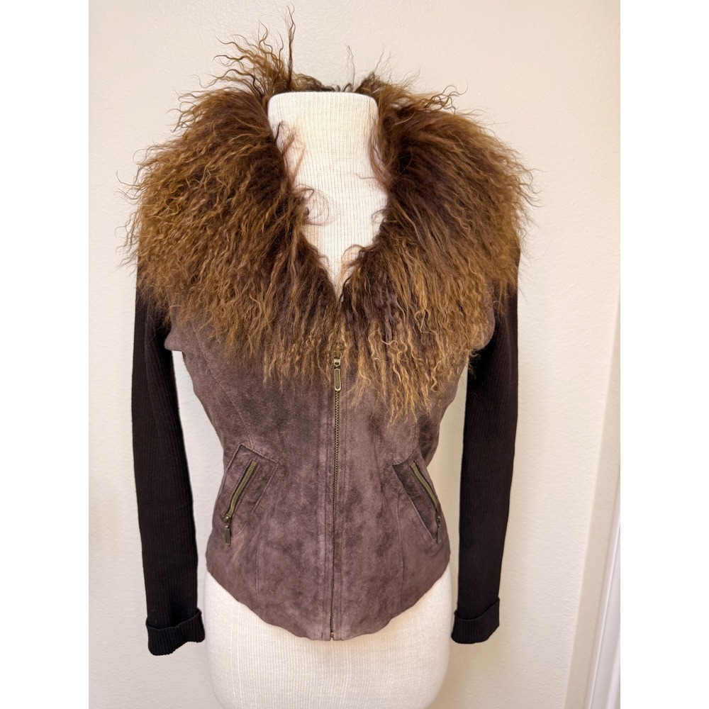 VTG Y2K Genuine Suede Leather Jacket Mongolian Lamb Fur Collar Rib Knit Brown M